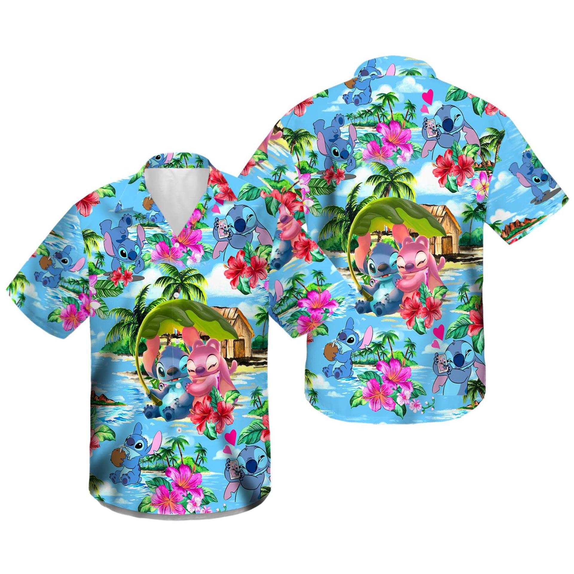 Stitch And Angel Hawaiian Shirts, Funny Stitch Hawaii Beach Shirt